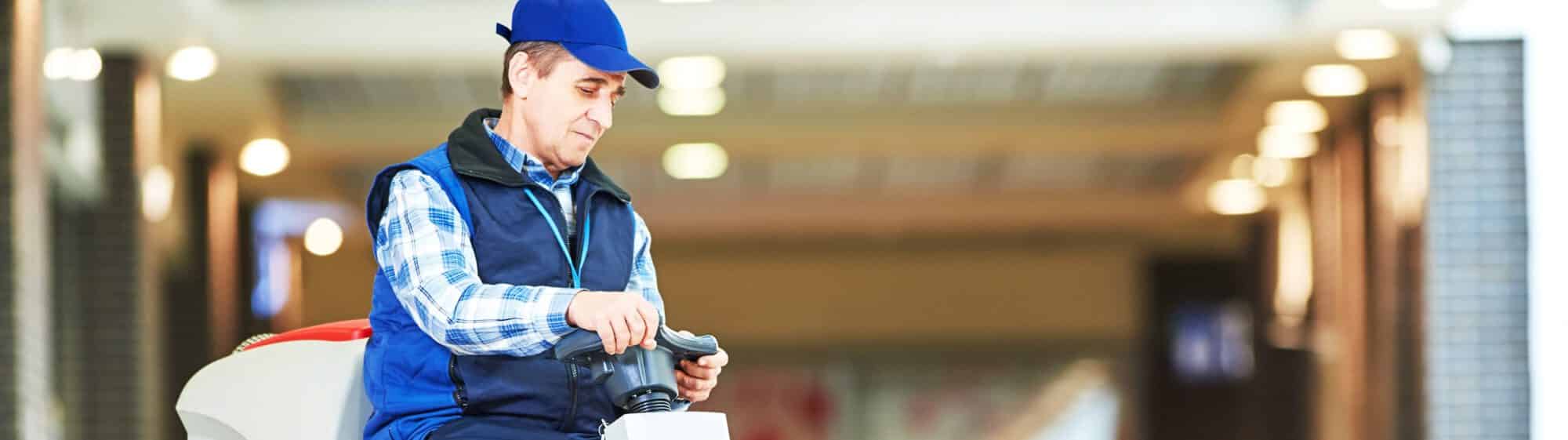 Floor care and cleaning services with washing machine in supermarket shop store