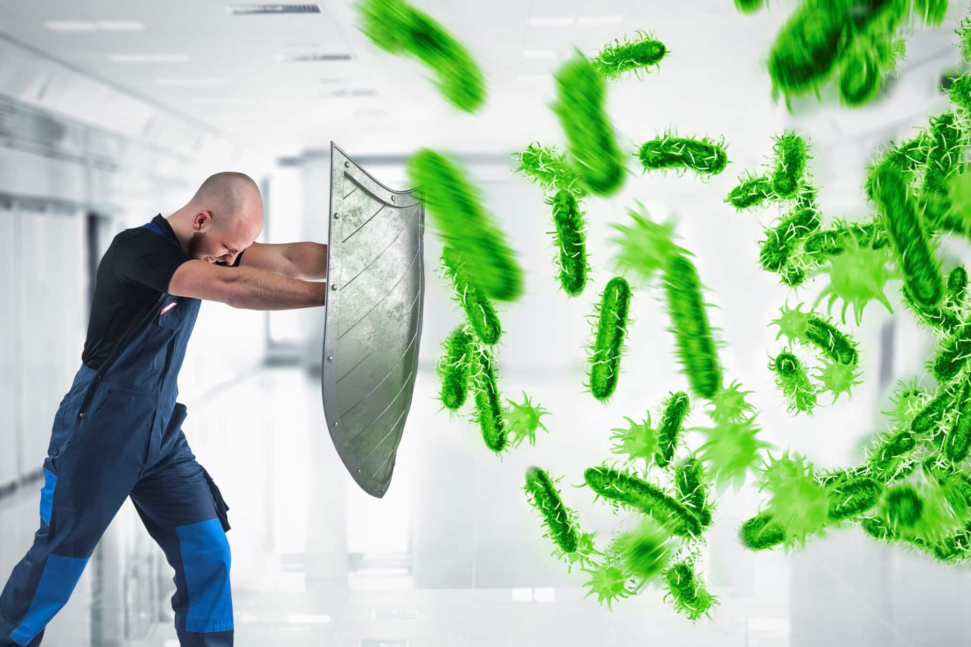 3D Rendering. woman protects with the shield by an attack of bacteria